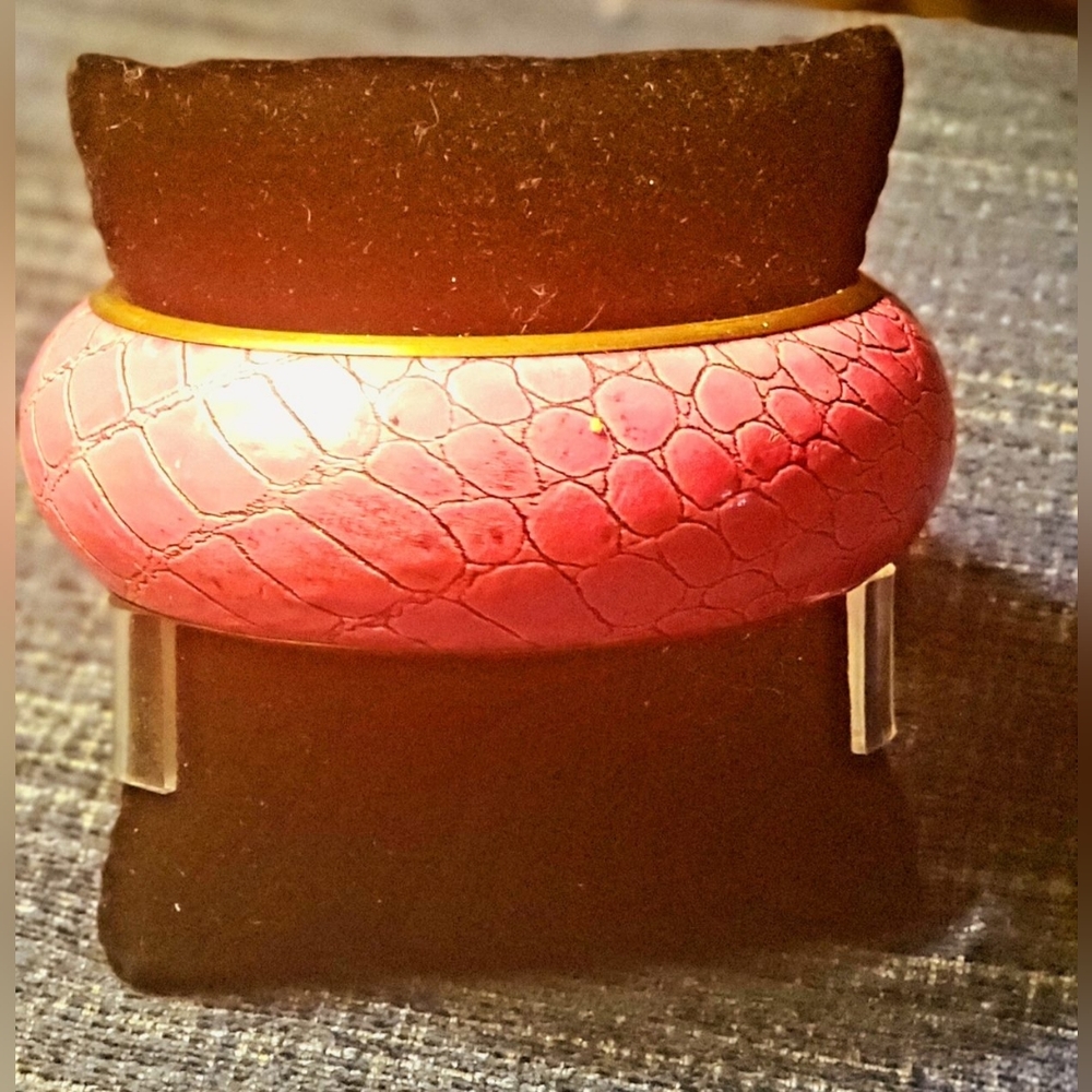 Faux crocodile hot pink leather and gold rim bangle bracelet